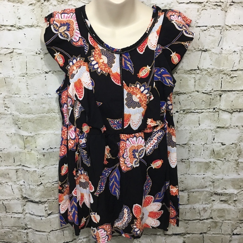 Lauren Conrad Black Orange Floral Paisley Top
